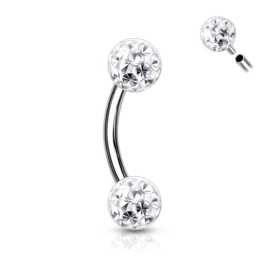 Internally Threaded 316L Surgical Steel Curved Eyebrow Barbells with Epoxy Covered Crystal Paved Balls
