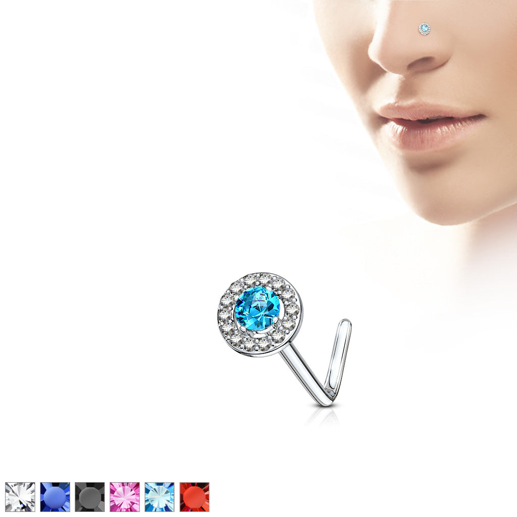 Double Tiered Round CZ Center Top 316L Surgical Steel L Bend Nose Stud Rings