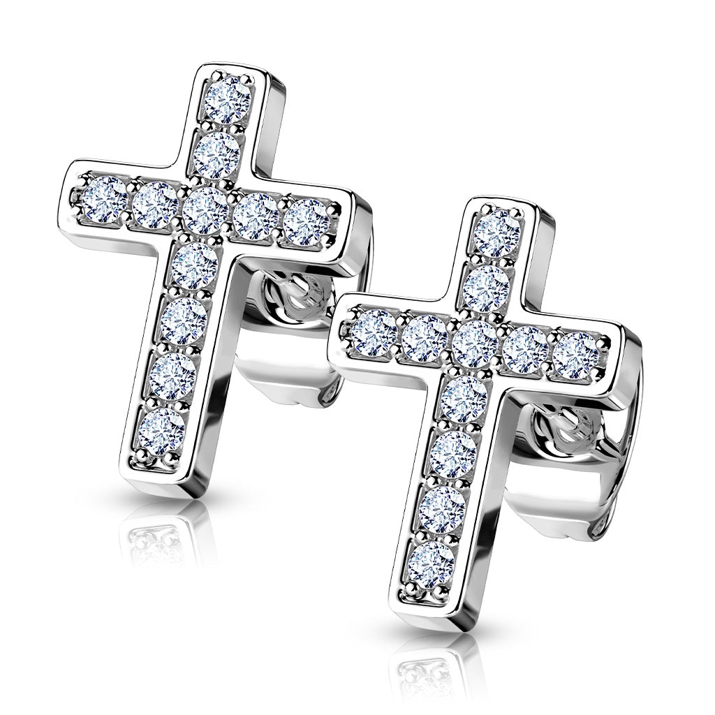 Pair of CZ Paved Cross Stainless Steel Stud Earrings