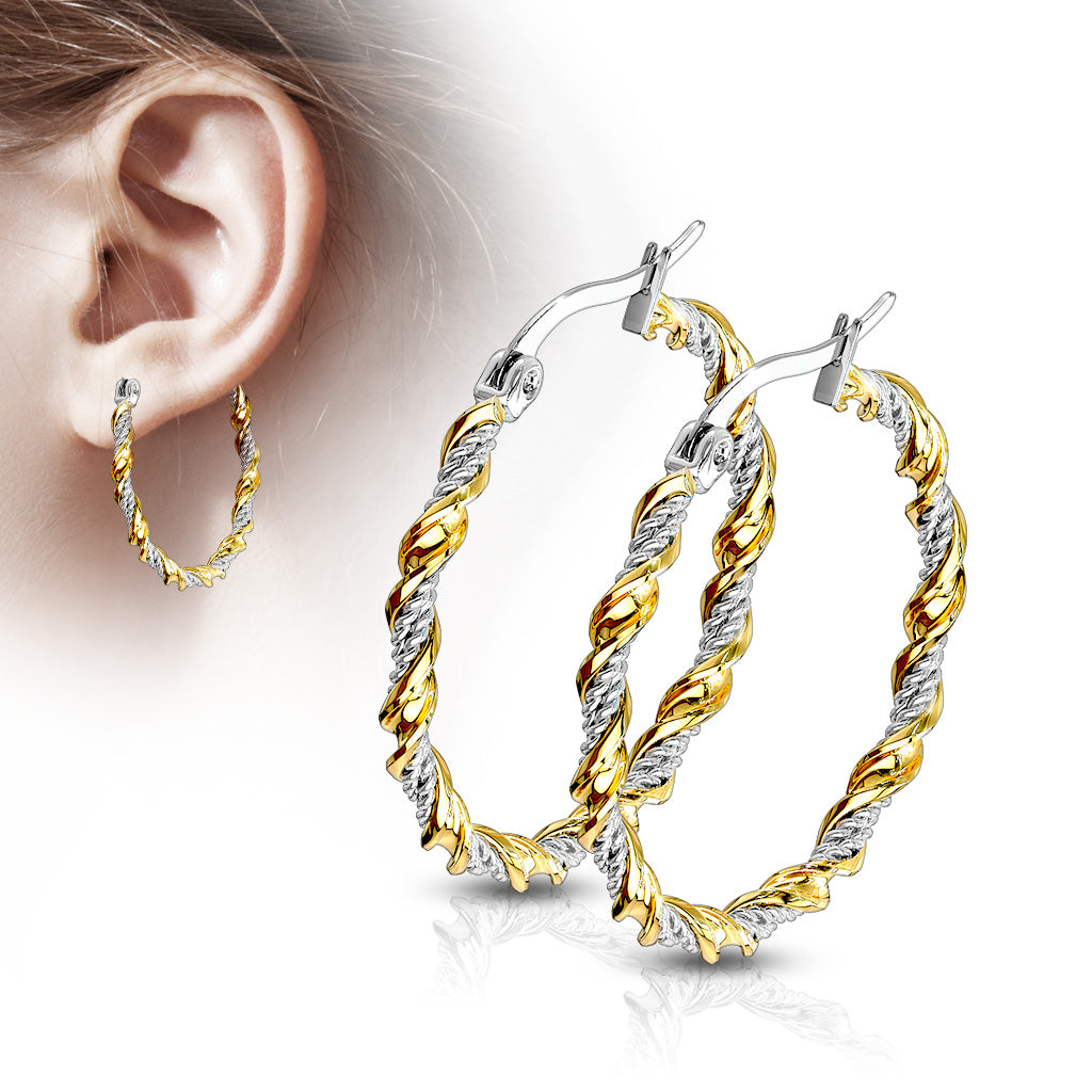 Pair of Braided 316L Stainless Steel and Gold IP Twisted Hoop Earrings