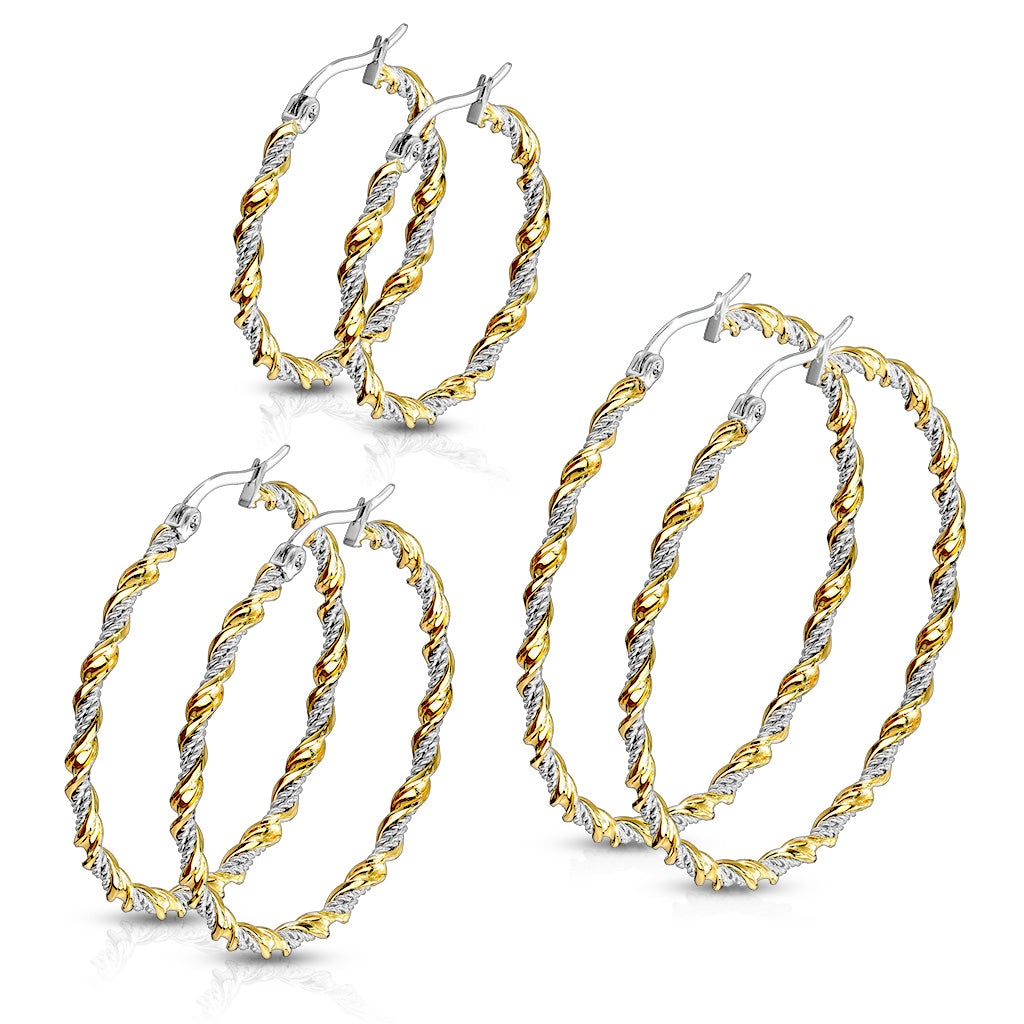Pair of Braided 316L Stainless Steel and Gold IP Twisted Hoop Earrings
