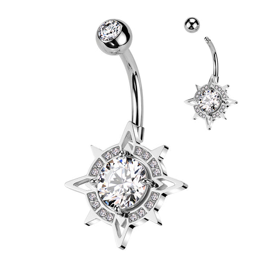 316L Surgical Steel CZ Center With CZ Edge Compass Belly Button Ring