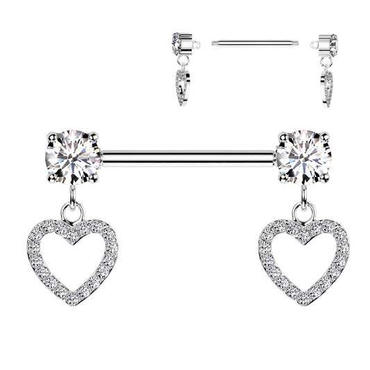 316L Surgical Steel Nipple Barbell With Round Prong Set CZ Ends and CZ Pave Hollow Heart Dangles #shop #pblb #new #heart #dangles