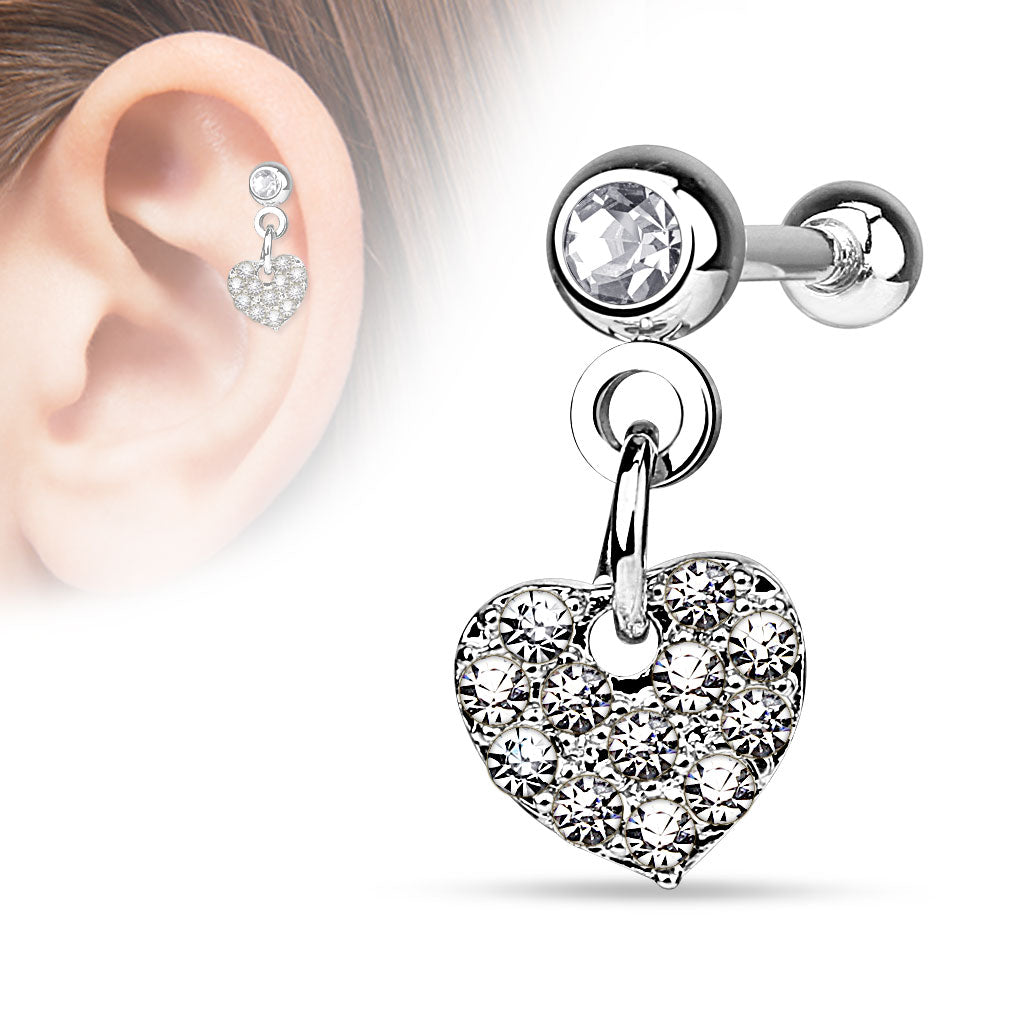 CZ Paved Heart Dangle on Crystal Set 4mm Ball 316L Surgical Steel Cartilage/Tragus Barbell