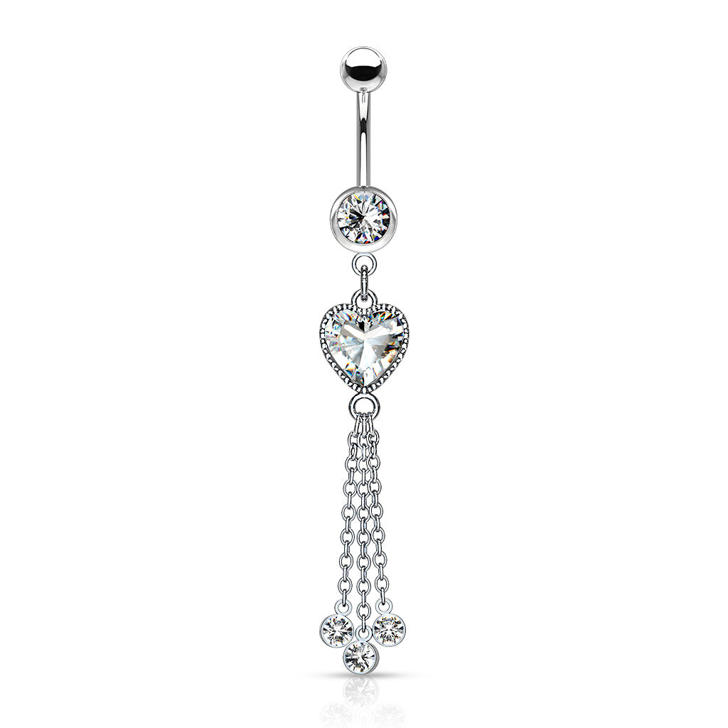 Heart CZ and Chains with CZ Dangle 316L Surgical Steel Belly Button Navel Rings