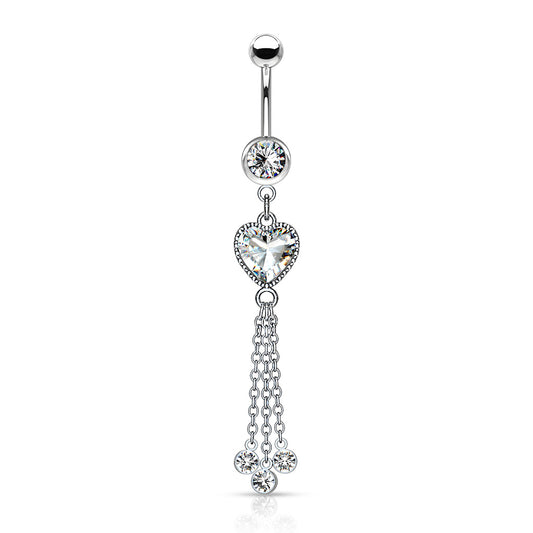 Heart CZ and Chains with CZ Dangle 316L Surgical Steel Belly Button Navel Rings