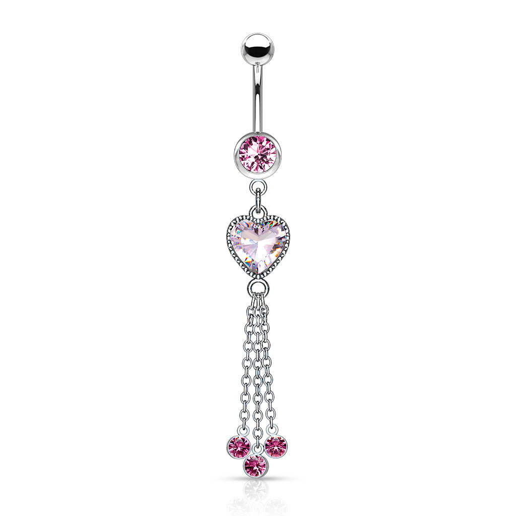 Heart CZ and Chains with CZ Dangle 316L Surgical Steel Belly Button Navel Rings