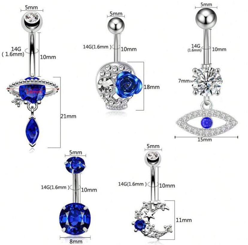 Belly Button Rings, Including Blue Planet Shaped, Water Drop Shaped, Crescent Moon Shaped, Adorned With Zirconia