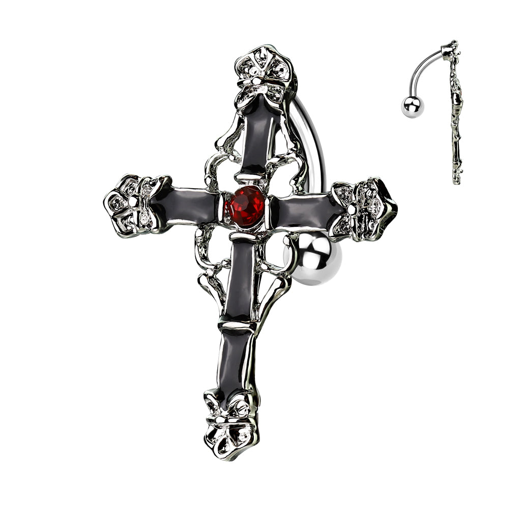 316L Surgical Steel Top Drop Navel Ring Black Enamel Colored Cross With Red Gem Center Belly Button Ring