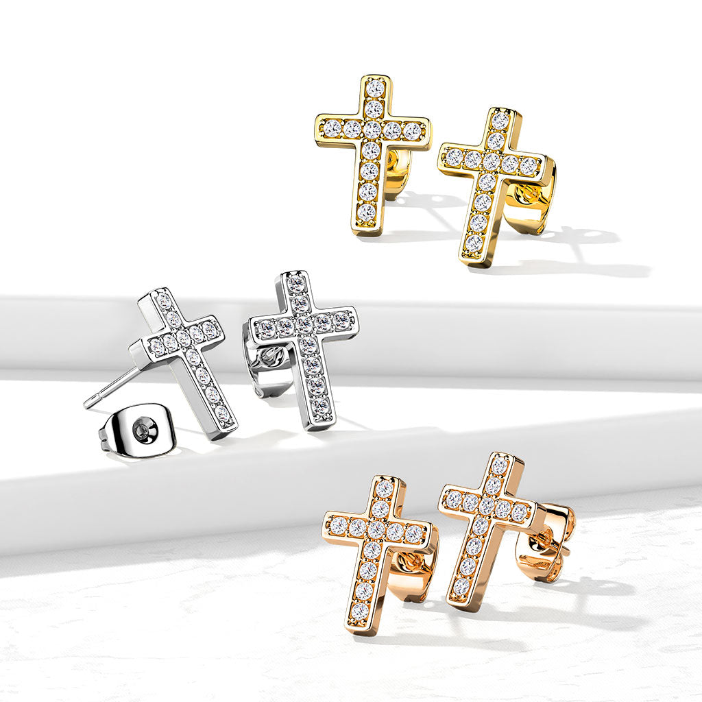 Pair of CZ Paved Cross Stainless Steel Stud Earrings