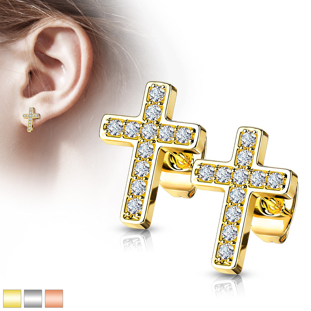 Pair of CZ Paved Cross Stainless Steel Stud Earrings
