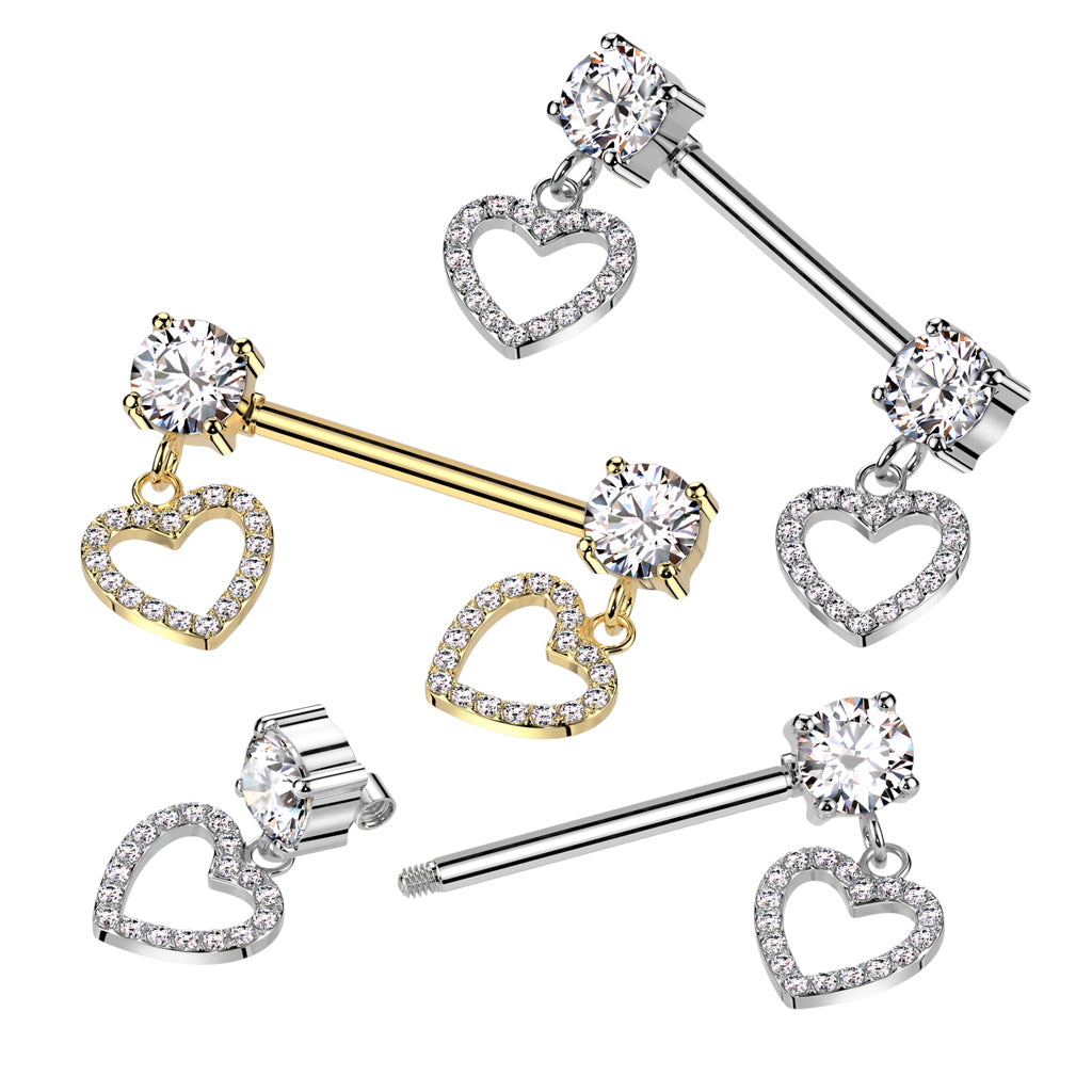 316L Surgical Steel Nipple Barbell With Round Prong Set CZ Ends and CZ Pave Hollow Heart Dangles #shop #pblb #new #heart #dangles