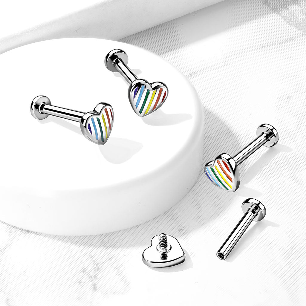 Rainbow Striped Heart Top Internally Threaded 316L Surgical Steel Flat Back Studs for Labret, Monroe, Ear Cartilage and More