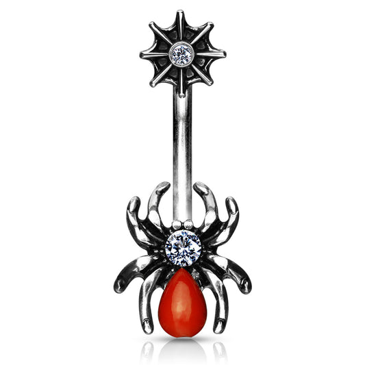 316L Surgical Steel Red Spider and Web With CZ Belly Button Ring