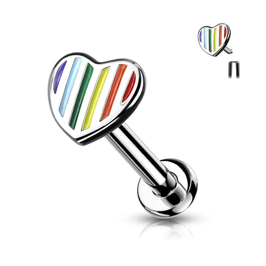 Rainbow Striped Heart Top Internally Threaded 316L Surgical Steel Flat Back Studs for Labret, Monroe, Ear Cartilage and More