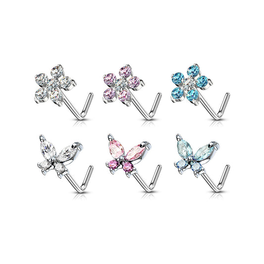Flower and Butterfly Themed "L" Bend 20 Gauge 316L Surgical Steel Nose Bone Package