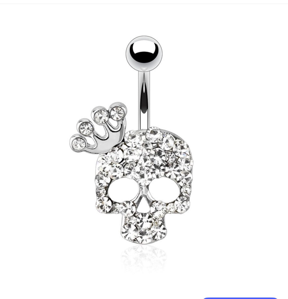 316L Surgical Steel Skull With Paved Gem and Gemmed Four Point Crown Belly Button Ring