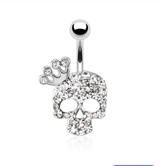 316L Surgical Steel Skull With Paved Gem and Gemmed Four Point Crown Belly Button Ring