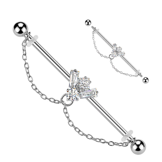 316L CZ Bee Industrial Barbell With Double Chain Dangle