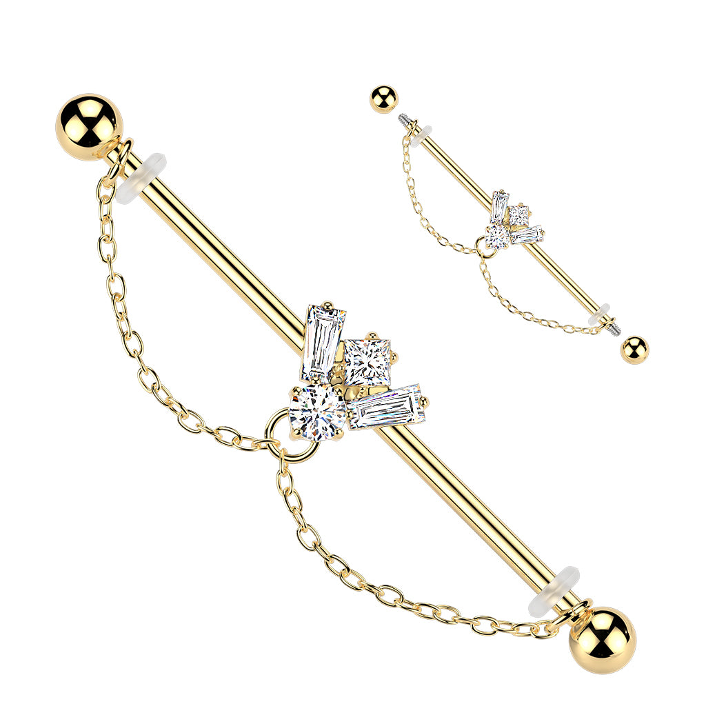 316L CZ Bee Industrial Barbell With Double Chain Dangle