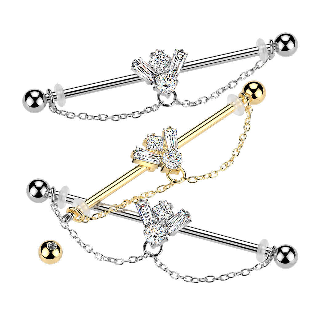 316L CZ Bee Industrial Barbell With Double Chain Dangle