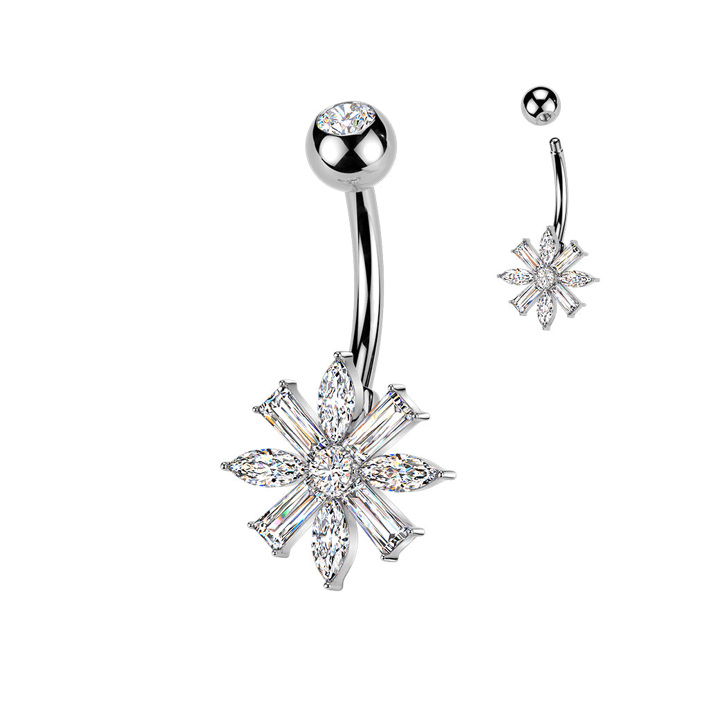 316L Belly Ring With Marquise & Baguette CZ Flower and Press Fit CZ Top
