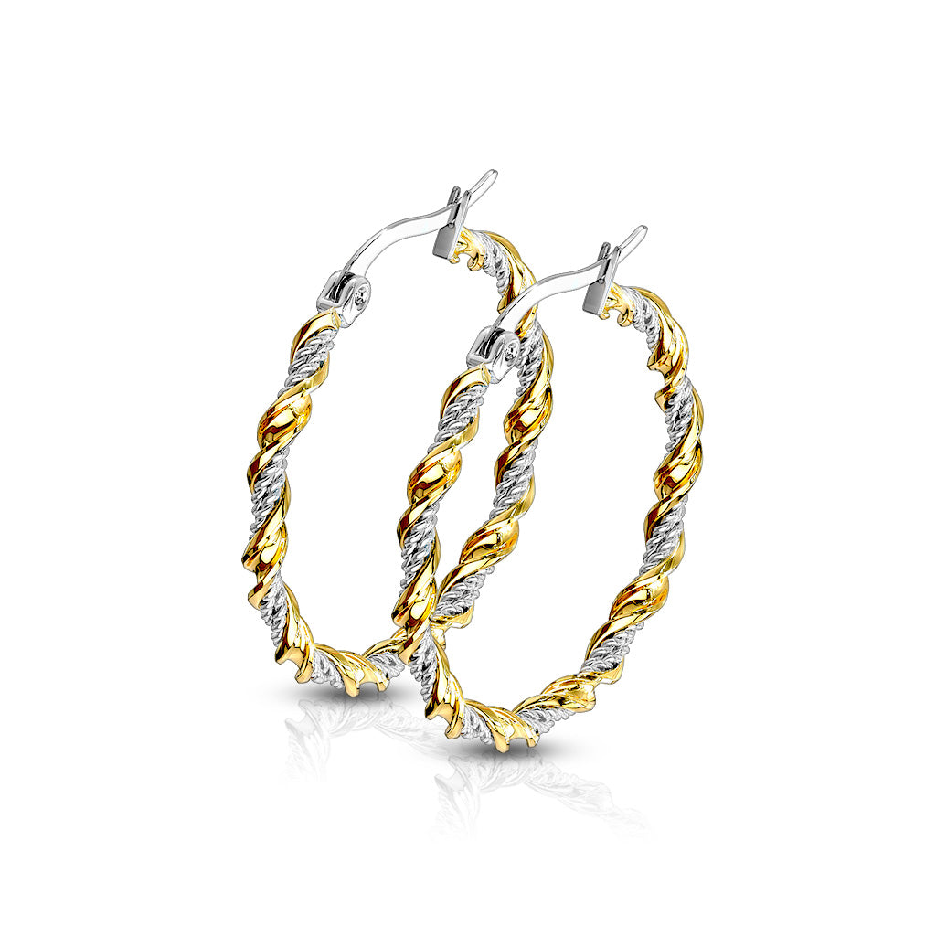 Pair of Braided 316L Stainless Steel and Gold IP Twisted Hoop Earrings