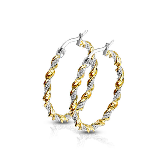 Pair of Braided 316L Stainless Steel and Gold IP Twisted Hoop Earrings