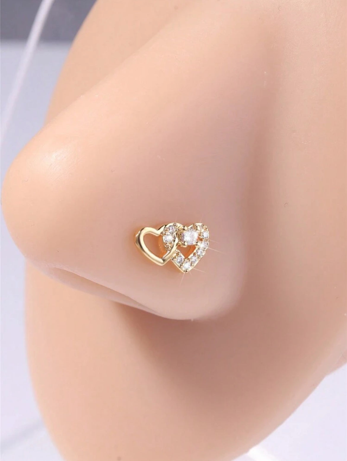Double Heart L Shape Nose Stud Ring Inlaid Shiny  L Pin Bone Nose Piercing Jewelry