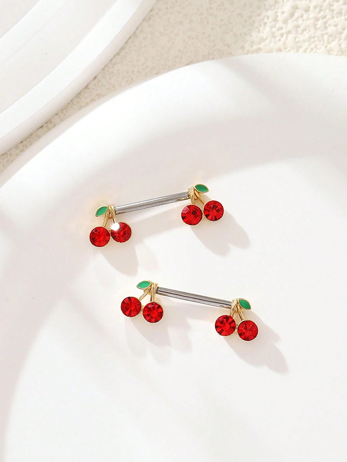 2pcs Fashionable Cute Cherry Plant Design Stainless Steel Nipple Rings For Women