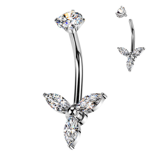 All 316L Surgical Steel Internally Threaded Marquise CZ Trinity Belly Button Ring With Round CZ Prong Set Top
