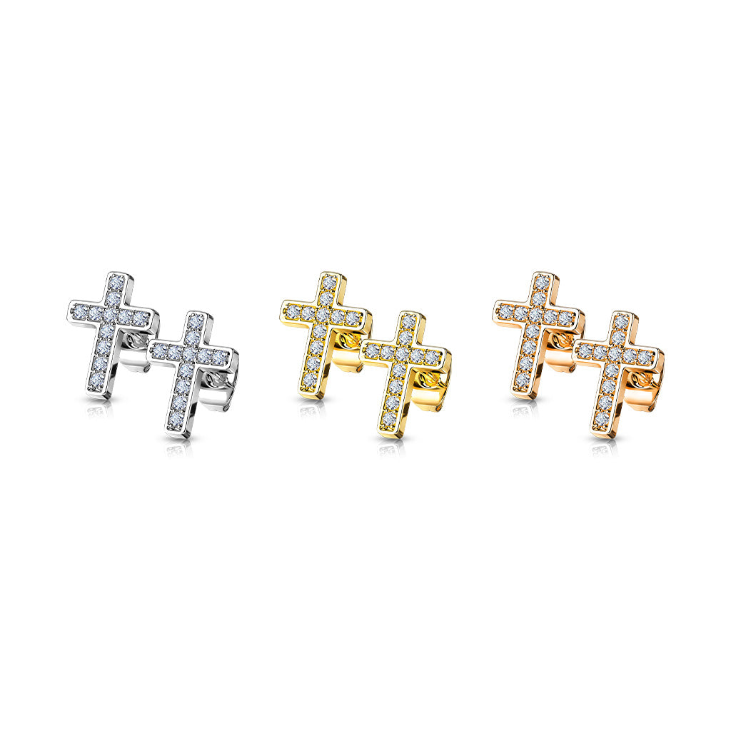 Pair of CZ Paved Cross Stainless Steel Stud Earrings