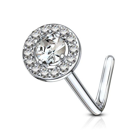 Double Tiered Round CZ Center Top 316L Surgical Steel L Bend Nose Stud Rings