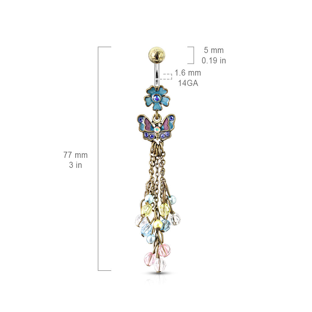 Vintage Flower with Butterfly & Chain Drop Beads Dangle Belly Rings