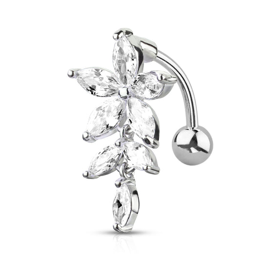 316L Surgical Steel Marquise CZ Flower With Marquise CZ Vines Top Drop Belly Button Ring