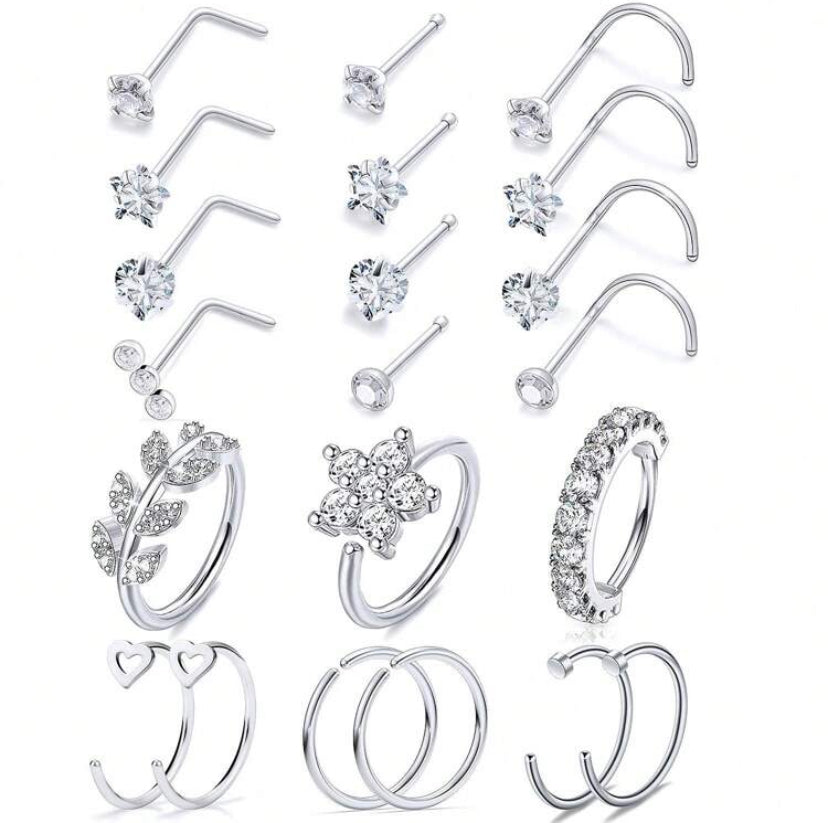 20G StainlessSteel Nose Rings Hoop For Women Men Paved CZ Flower Nose Piercing Jewelry L Shaped Nose Ring Stud Set