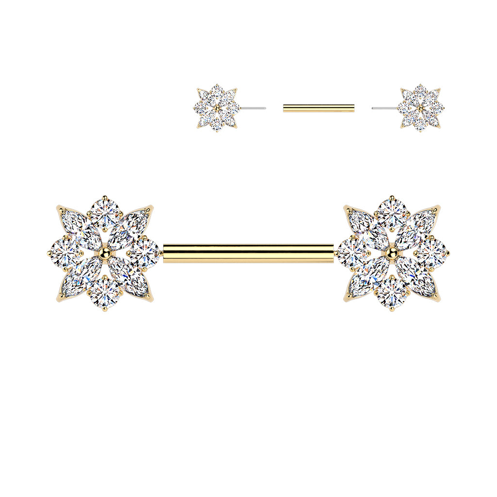 316L Threadless Push In CZ Cluster With CZ Flower Center Nipple Barbell (SET)