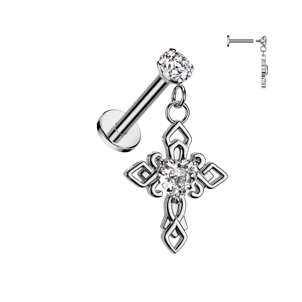 316L Surgical Steel Internally Threaded Round Prong Set CZ Top With Heart CZ Center Celtic Cross Dangle Labret, Flat Back Stud