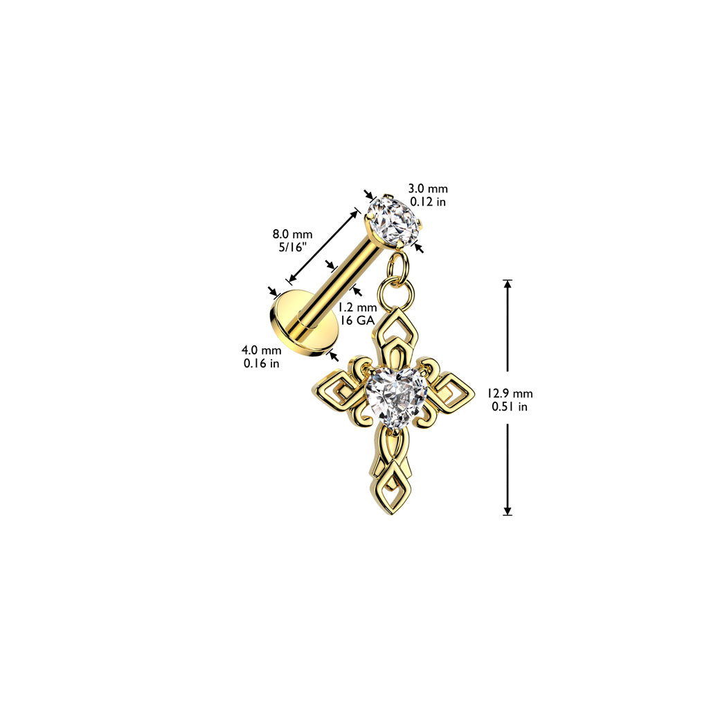 316L Surgical Steel Internally Threaded Round Prong Set CZ Top With Heart CZ Center Celtic Cross Dangle Labret, Flat Back Stud