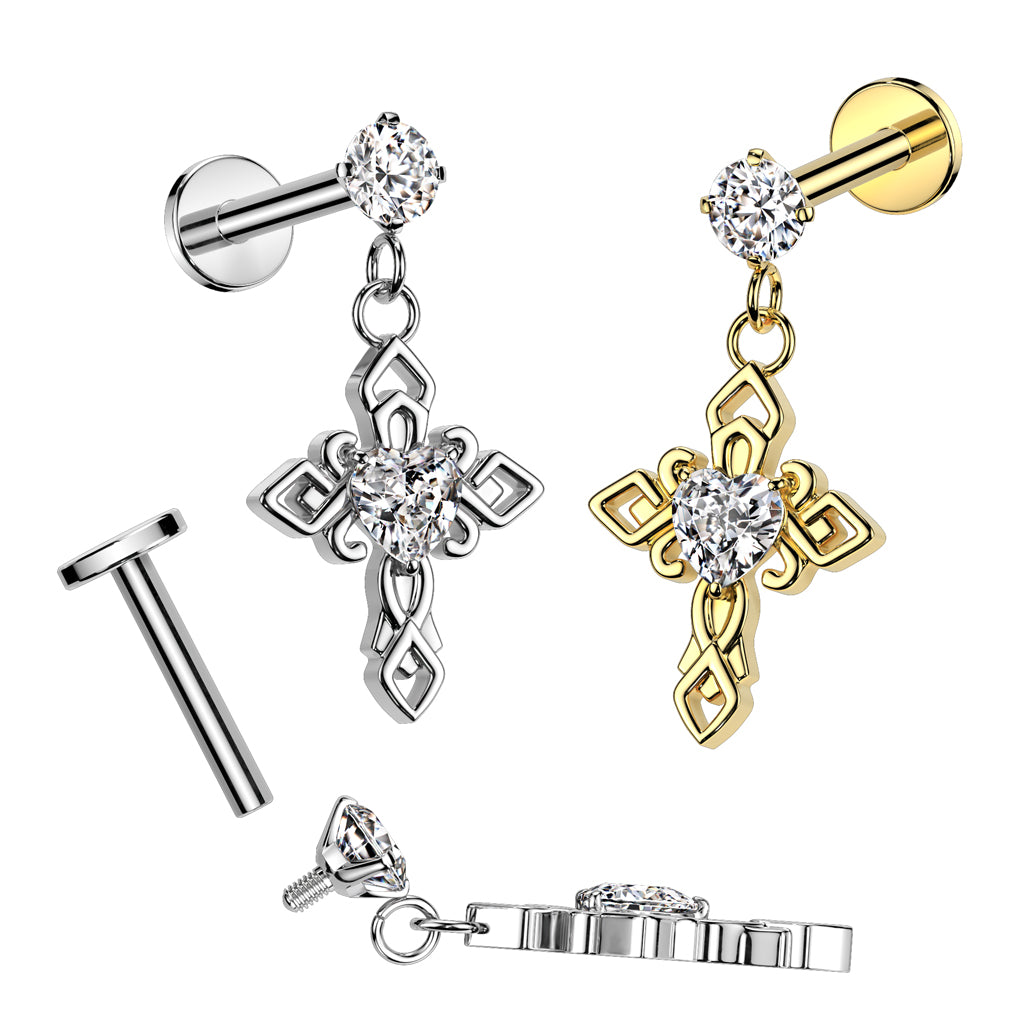 316L Surgical Steel Internally Threaded Round Prong Set CZ Top With Heart CZ Center Celtic Cross Dangle Labret, Flat Back Stud