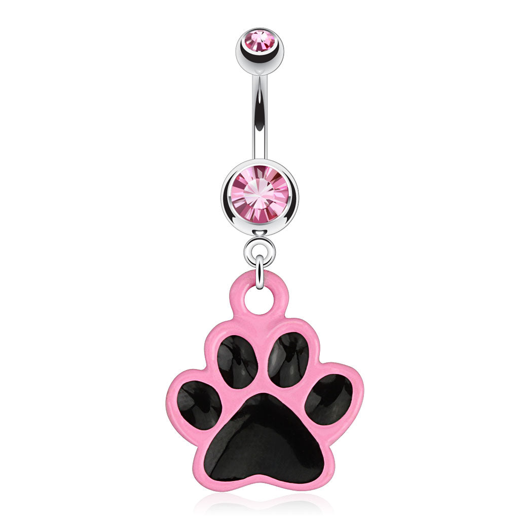 Paw with Black Enamel Plating and Pink Outline Dangle 316L Surgical Steel Navel Ring