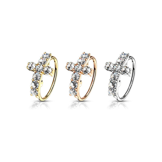 CZ Paved Cross Top 316L Surgical Steel Bendable Nose Hoop Rings
