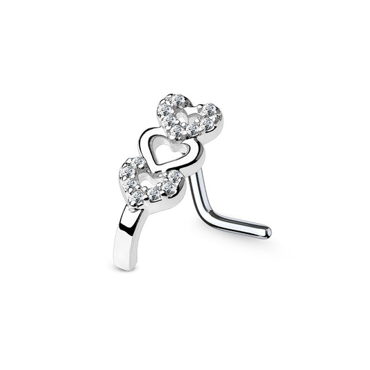 CZ Paved Triple Heart Nose Crawlers 316L Surgical Steel L Bend Nose Stud Rings
