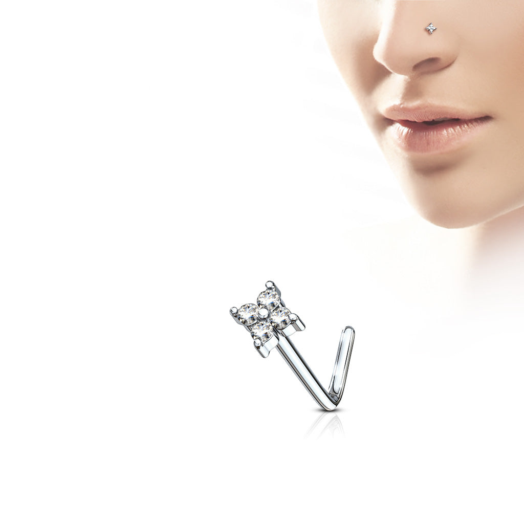 4 CZ Set Square Top 316L Surgical Steel L bend Nose Stud Rings