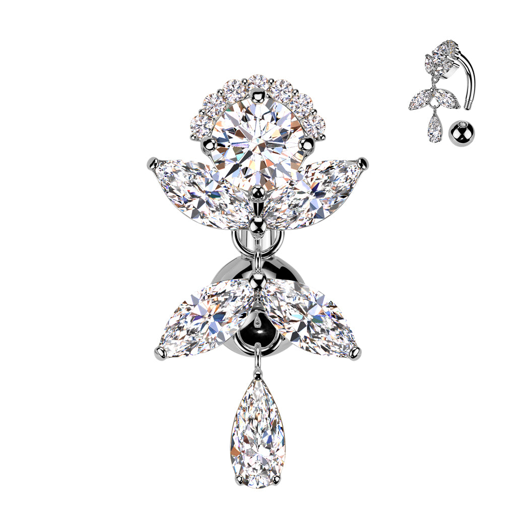 Implant Grade Titanium Brass Top Down Arch CZ Top With Marquise CZ Vine Dangle Belly Button Ring
