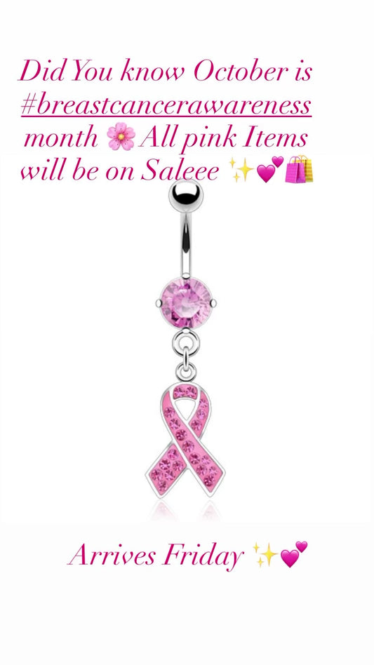 316L Surgical Steel Pink Awareness Ribbon Multi Gem Dangle Belly Button Ring